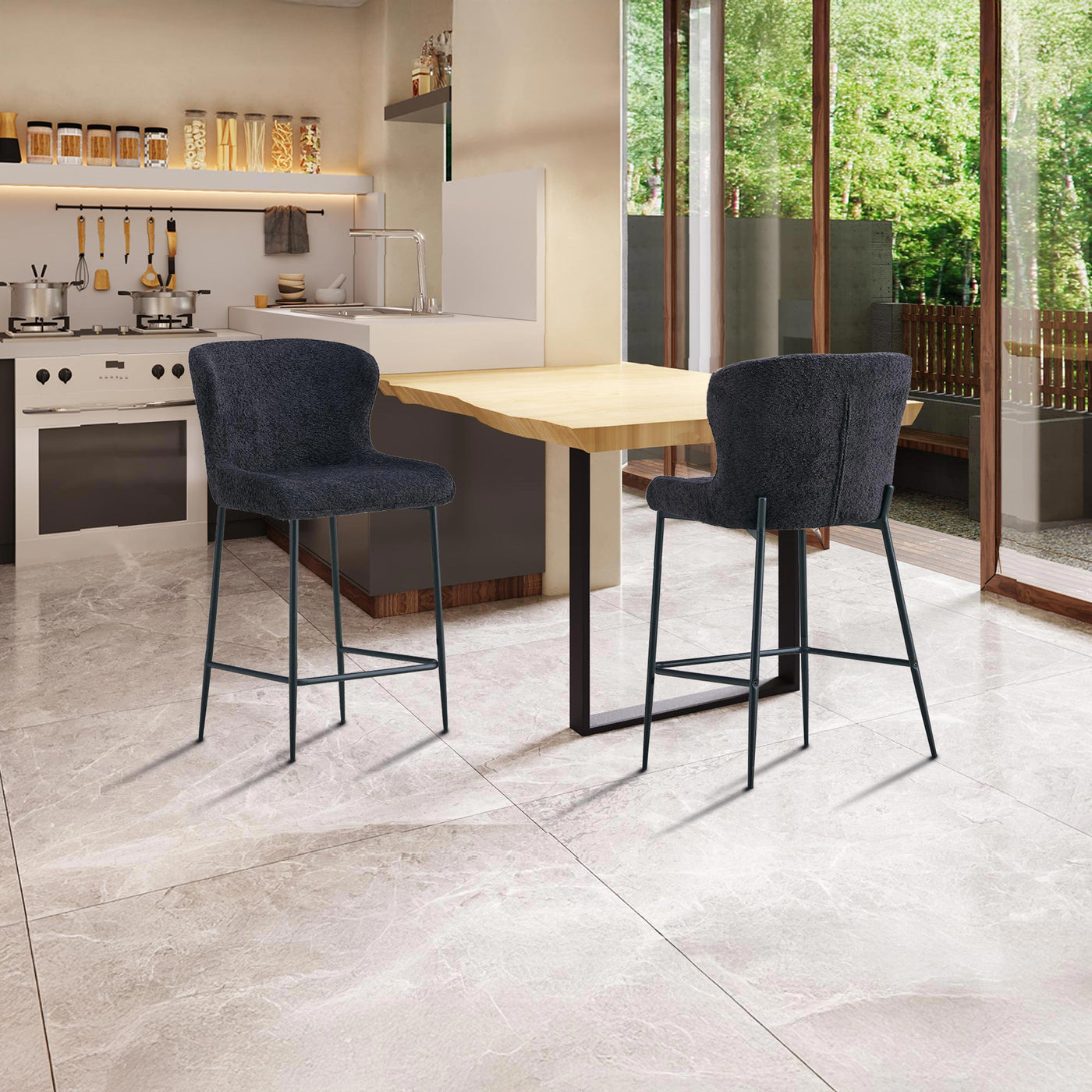 AZEL Lot de 2 tabourets tissu bouclette gris anthracite piètement métal noir - Tabourets - Mobilier Deco