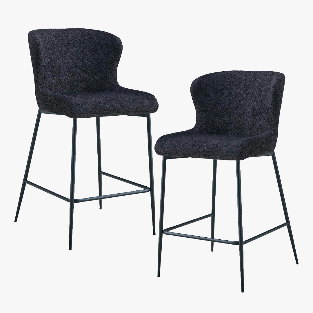 AZEL Lot de 2 tabourets tissu bouclette gris anthracite piètement métal noir - Tabourets - Mobilier Deco