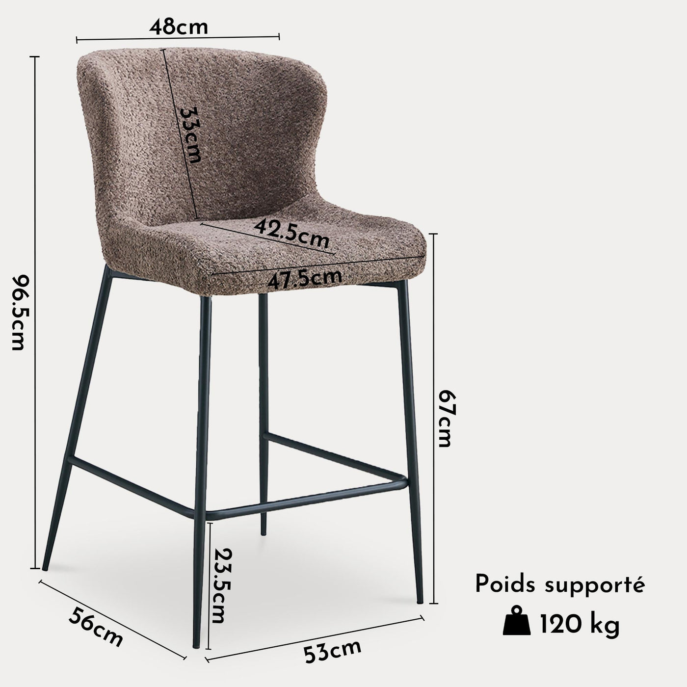 AZEL Lot de 2 tabourets tissu bouclette taupe piètement métal noir - Tabourets - Mobilier Deco