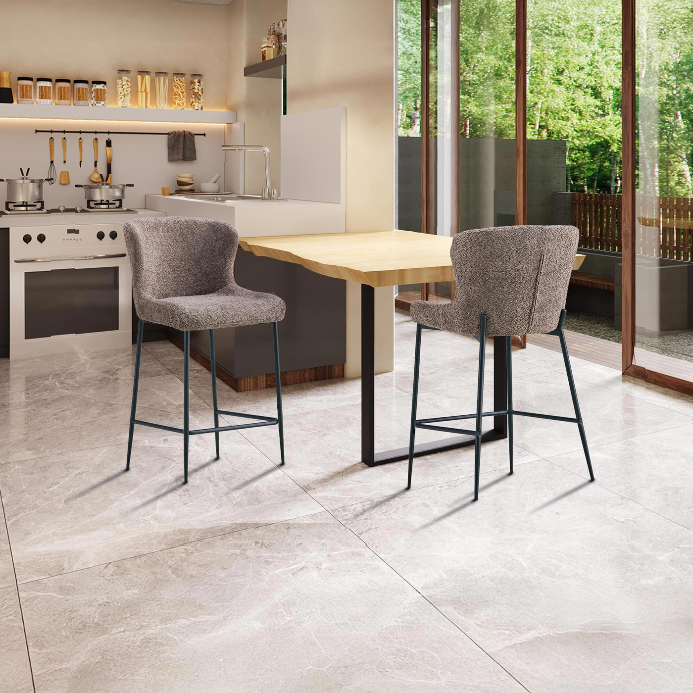 AZEL Lot de 2 tabourets tissu bouclette taupe piètement métal noir - Tabourets - Mobilier Deco