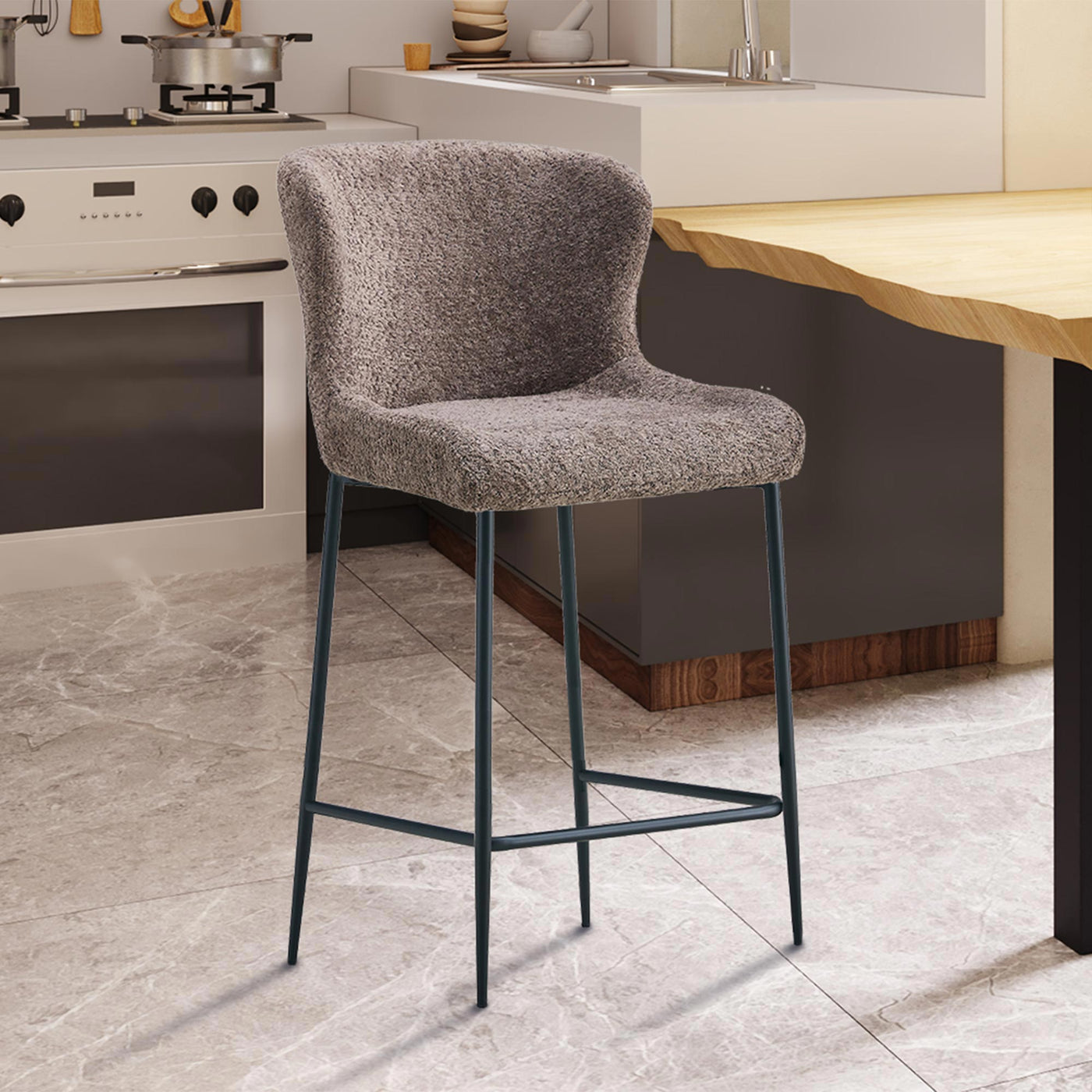 AZEL Lot de 2 tabourets tissu bouclette taupe piètement métal noir - Tabourets - Mobilier Deco