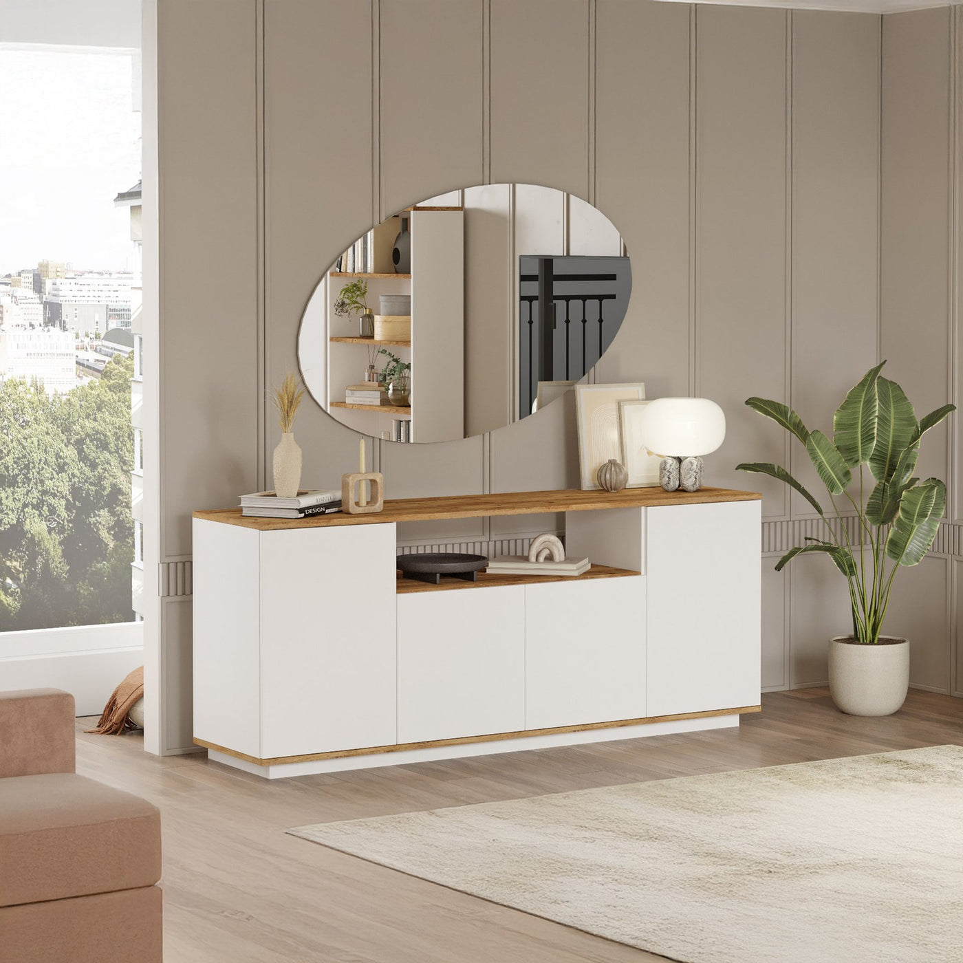 AZELIA Buffet 4 portes 1 niche couleur bois et blanc - Buffet - Mobilier Deco