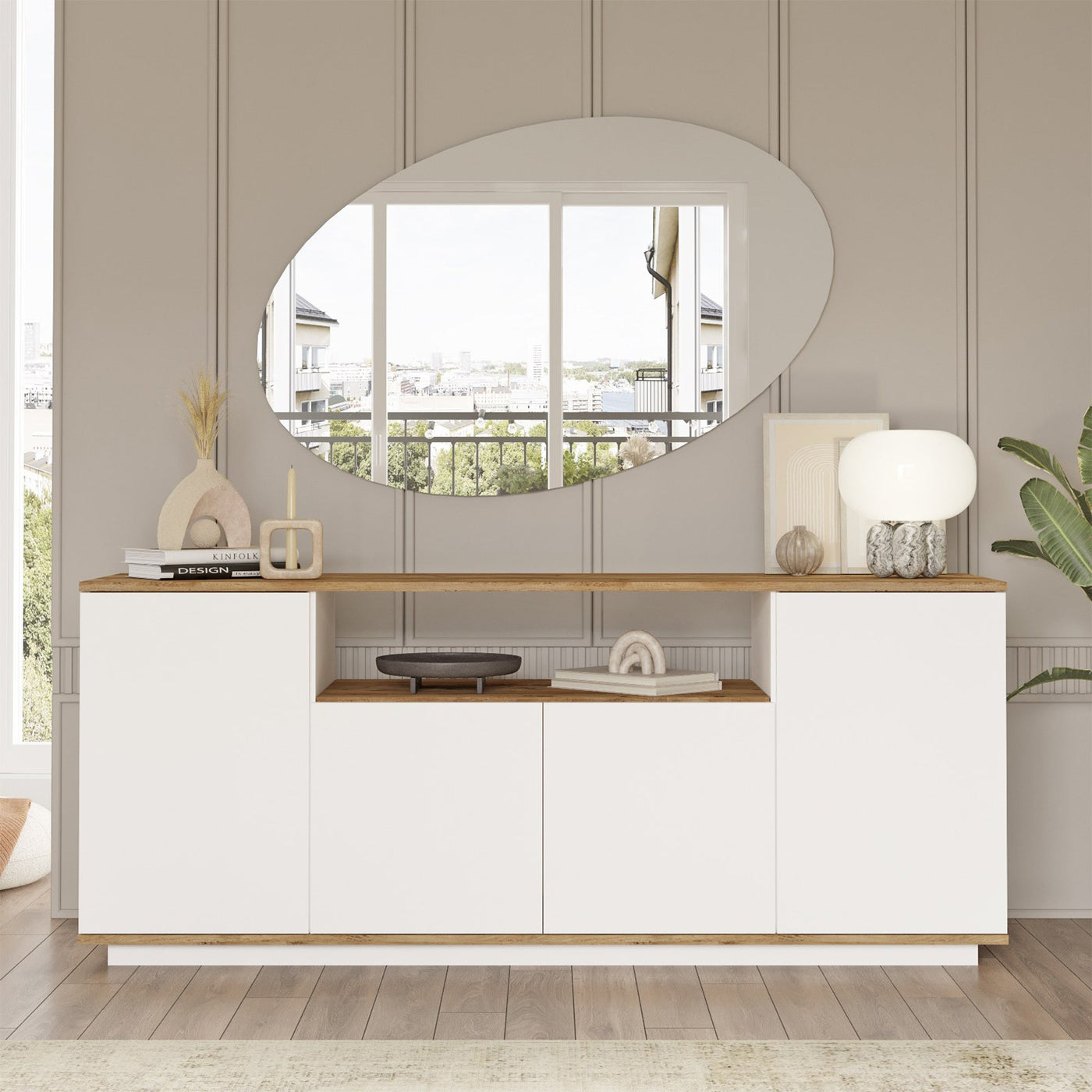 AZELIA Buffet 4 portes 1 niche couleur bois et blanc - Buffet - Mobilier Deco
