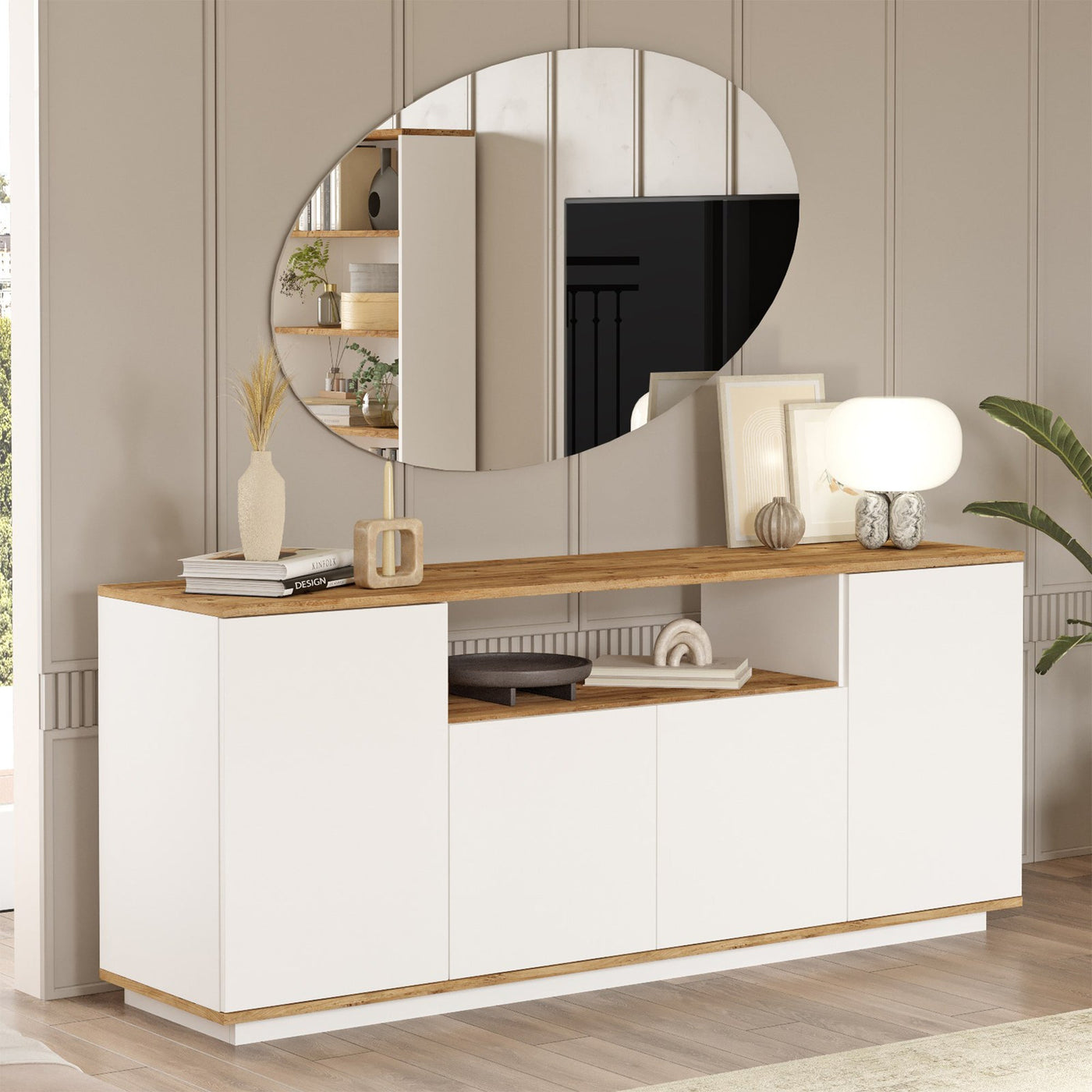 AZELIA Buffet 4 portes 1 niche couleur bois et blanc - Buffet - Mobilier Deco