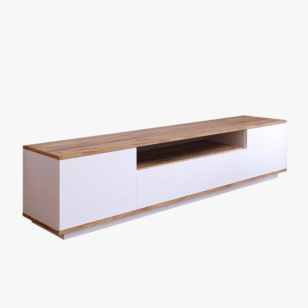 AZELIA Meuble TV 3 portes 1 niche couleur bois et blanc - Meuble TV - Mobilier Deco