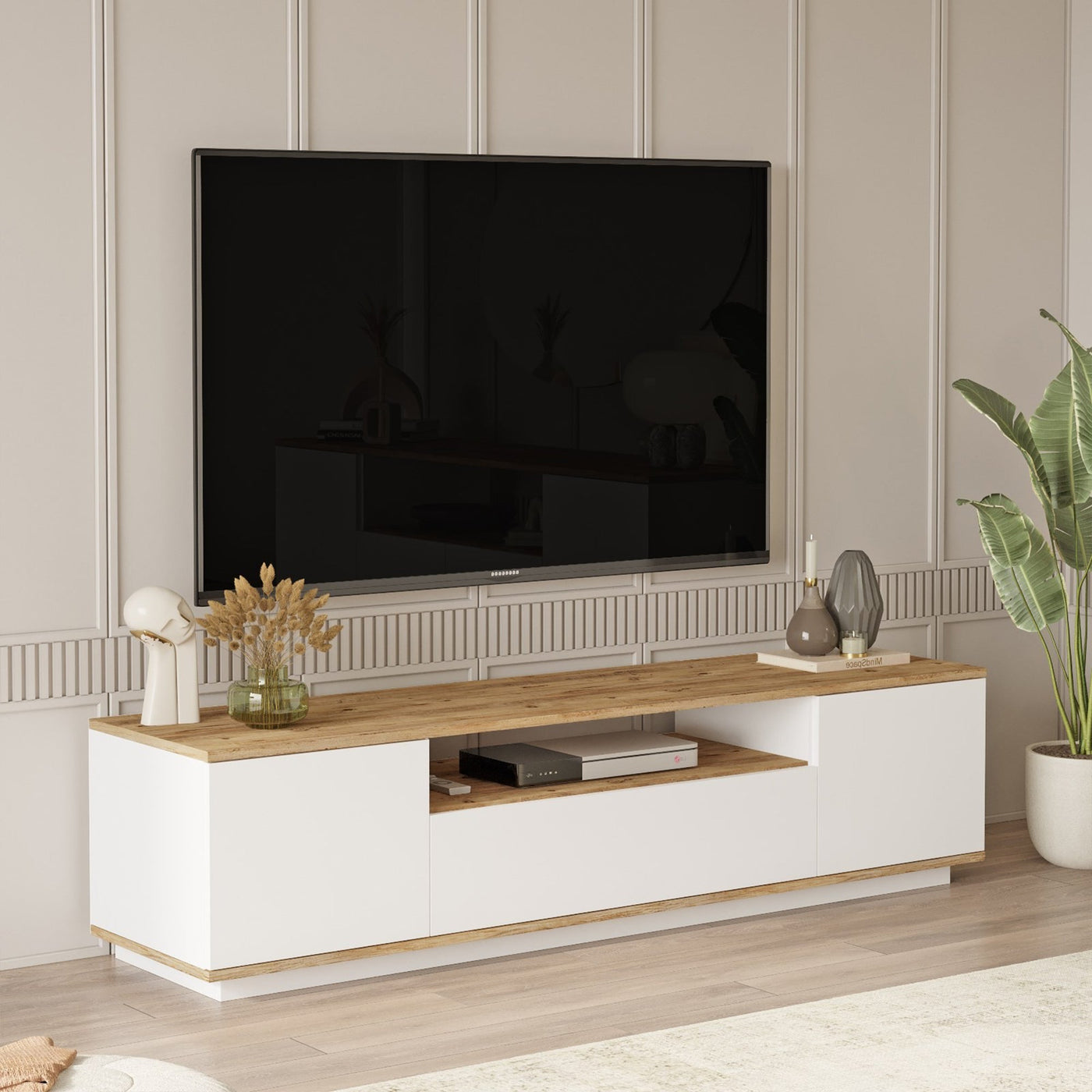 AZELIA Meuble TV 3 portes 1 niche couleur bois et blanc - Meuble TV - Mobilier Deco