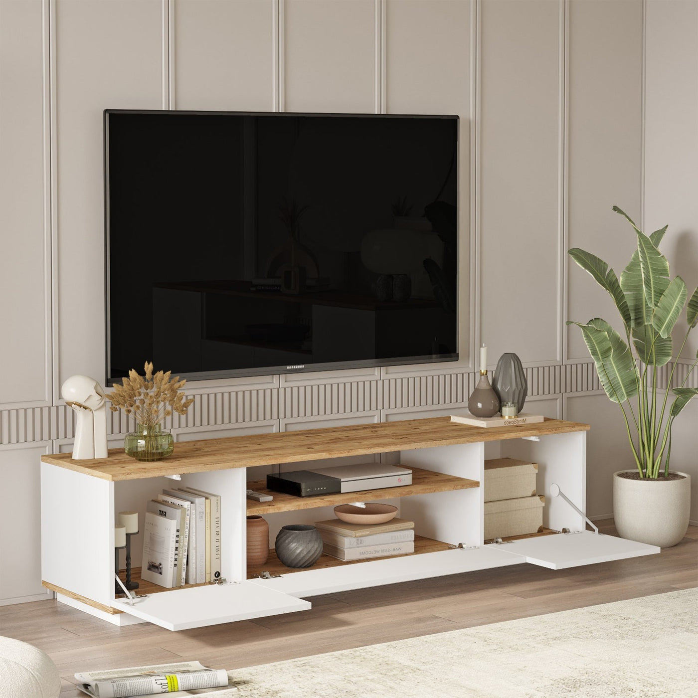 AZELIA Meuble TV 3 portes 1 niche couleur bois et blanc - Meuble TV - Mobilier Deco