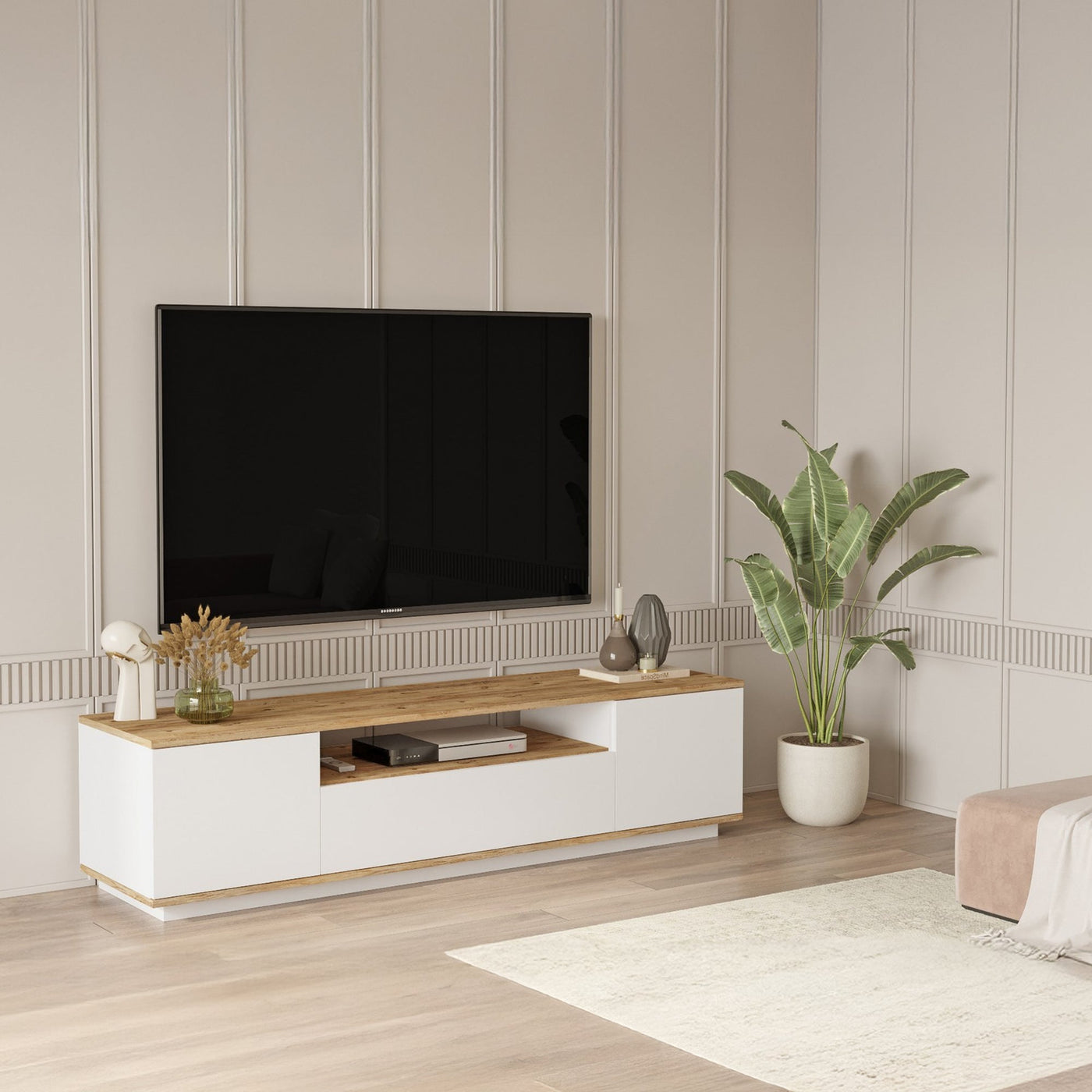 AZELIA Meuble TV 3 portes 1 niche couleur bois et blanc - Meuble TV - Mobilier Deco