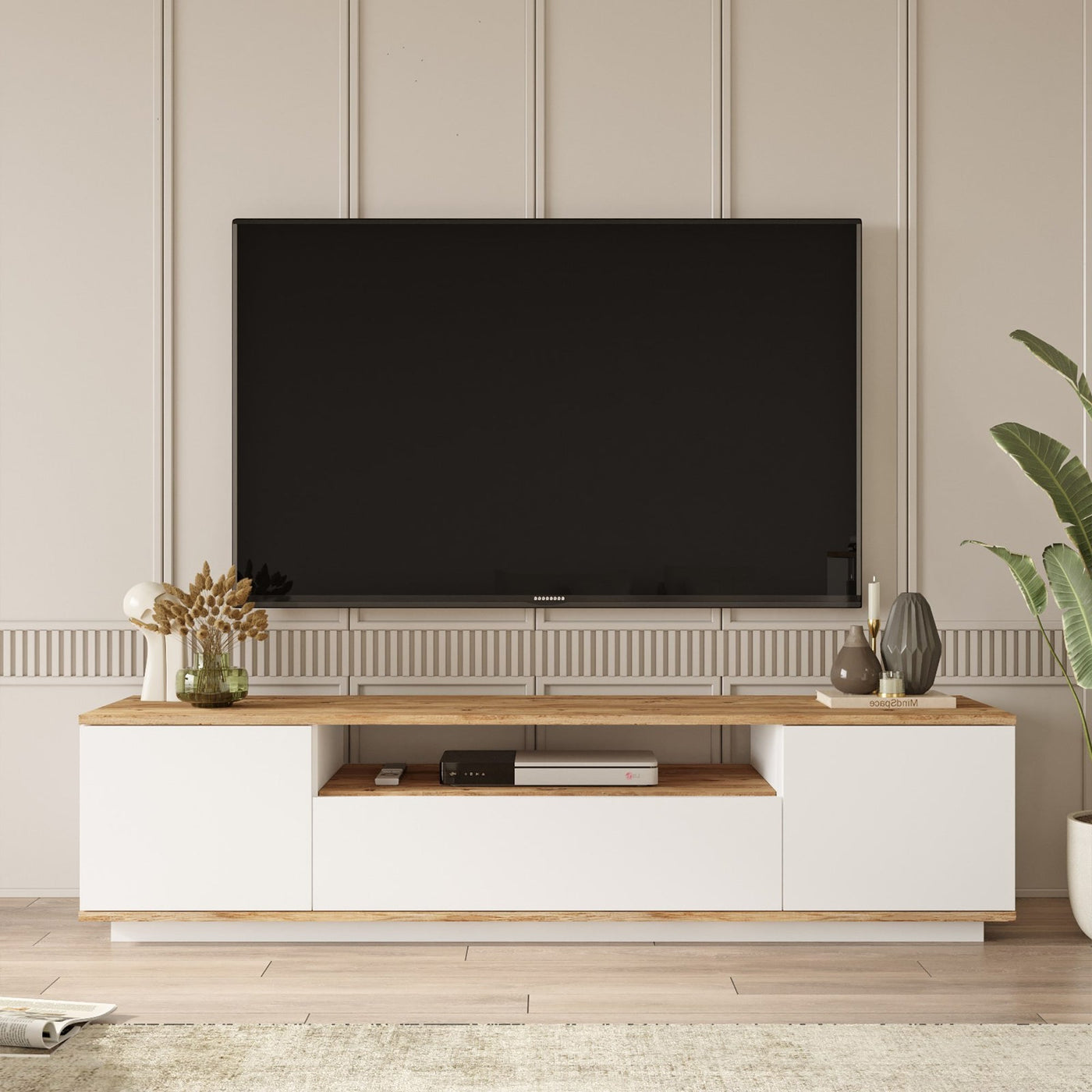 AZELIA Meuble TV 3 portes 1 niche couleur bois et blanc - Meuble TV - Mobilier Deco