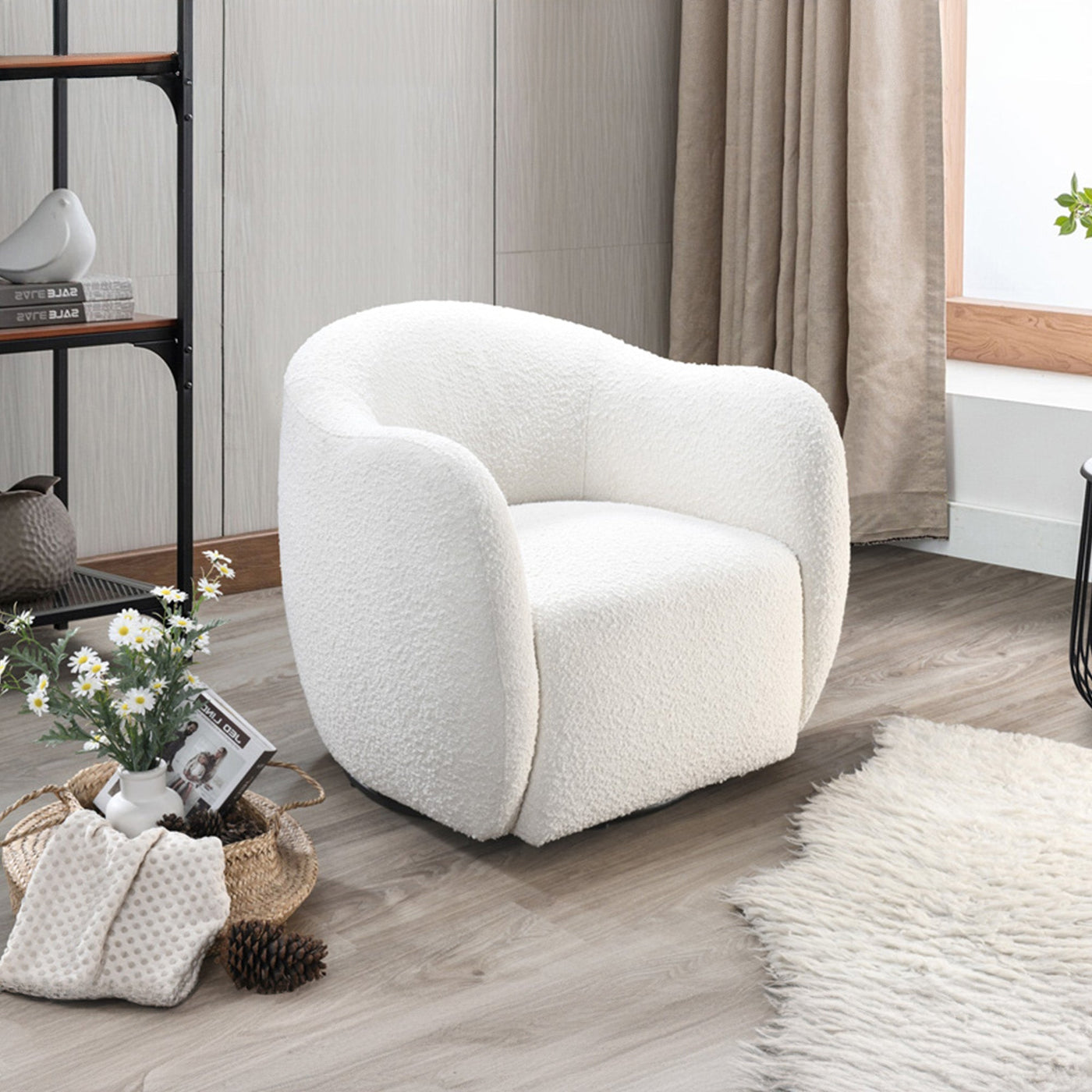 BARCY Fauteuil cabriolet pivotant effet peau de mouton blanc - Fauteuils - Mobilier Deco