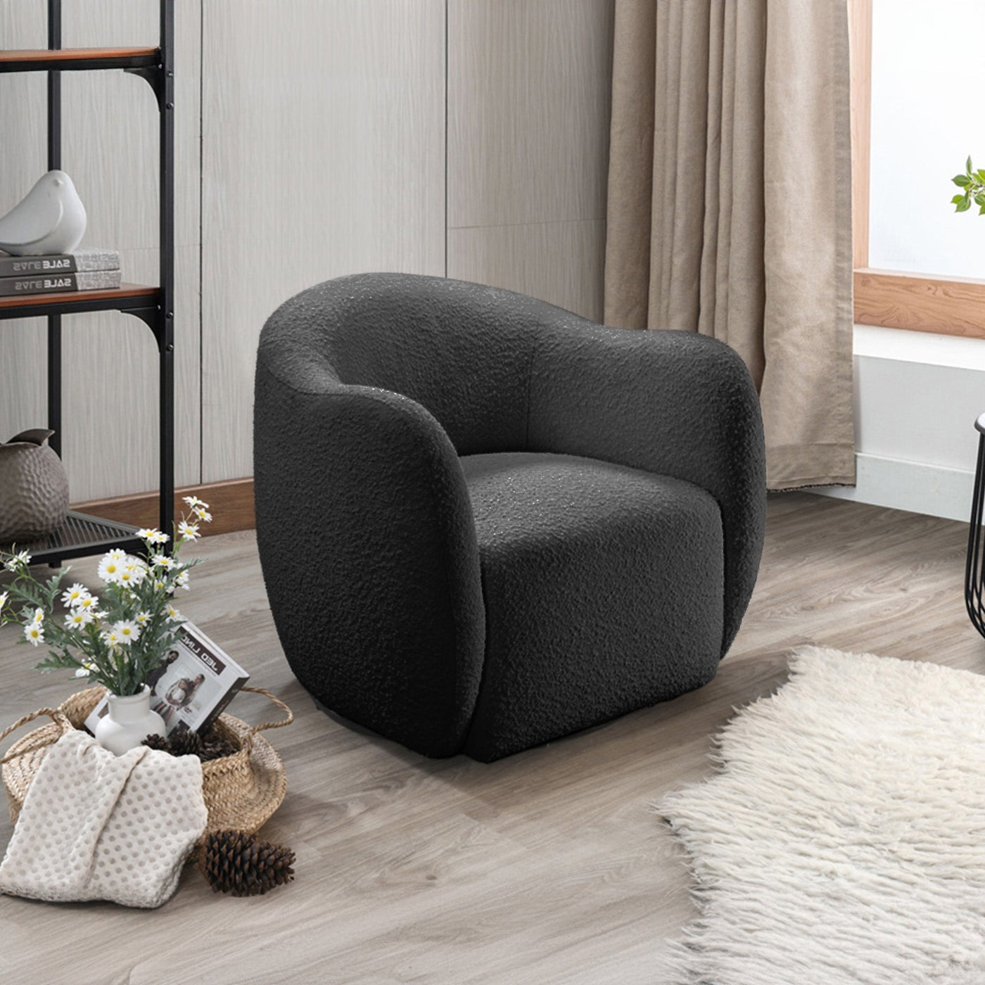 BARCY Fauteuil cabriolet pivotant effet peau de mouton gris foncé - Fauteuils - Mobilier Deco