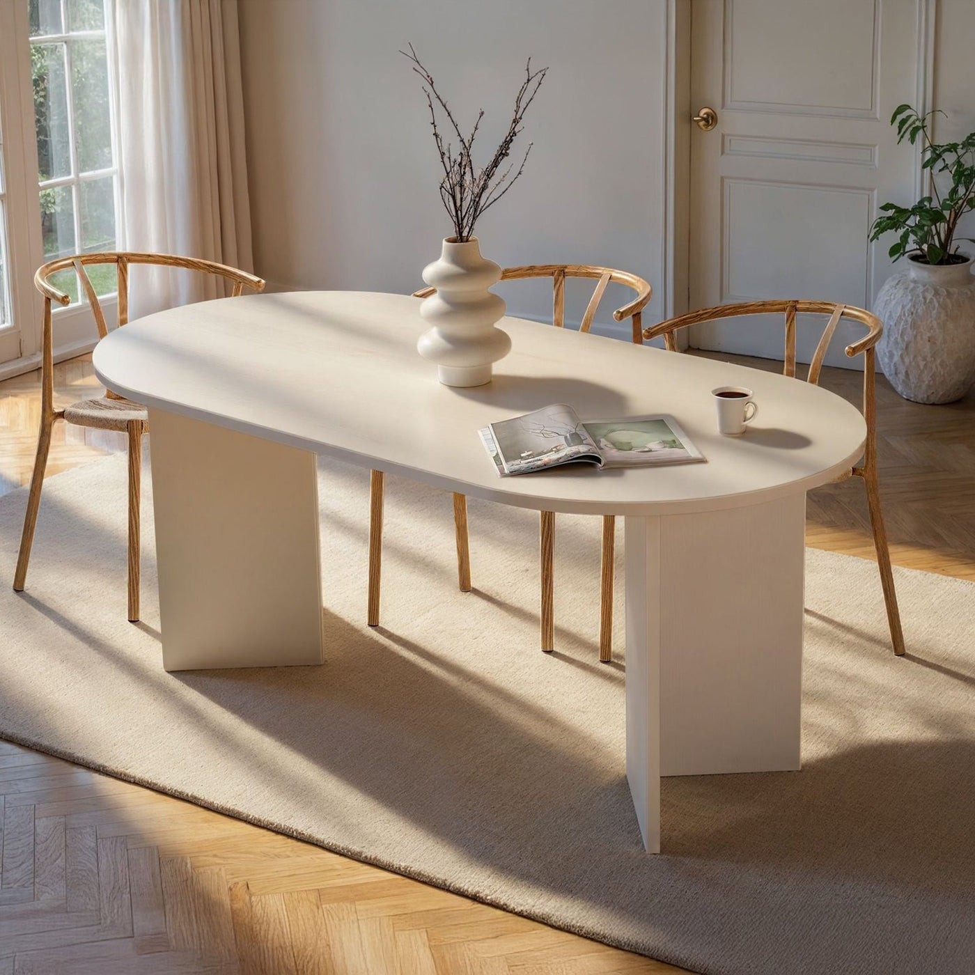 BELORA Table à manger ovale couleur bois blanc 180 cm - Table à manger - Mobilier Deco