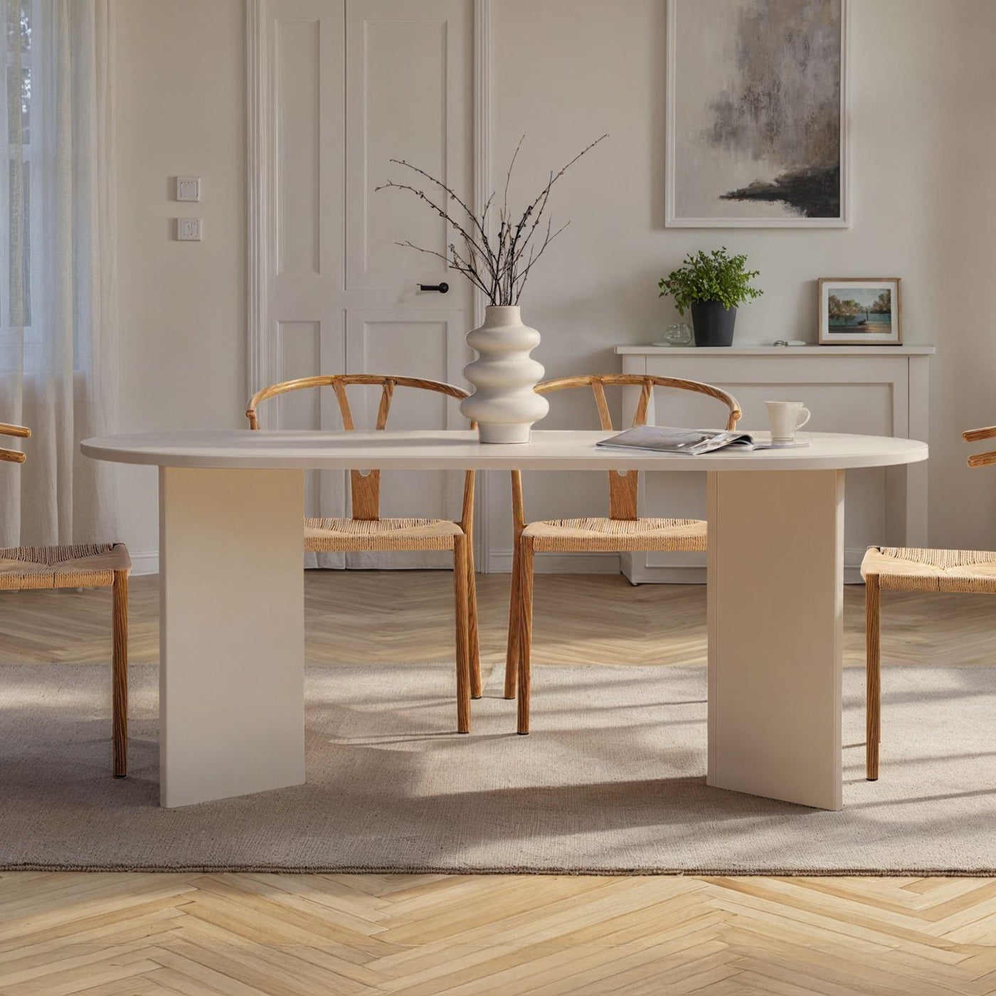 BELORA Table à manger ovale couleur bois blanc 180 cm - Table à manger - Mobilier Deco