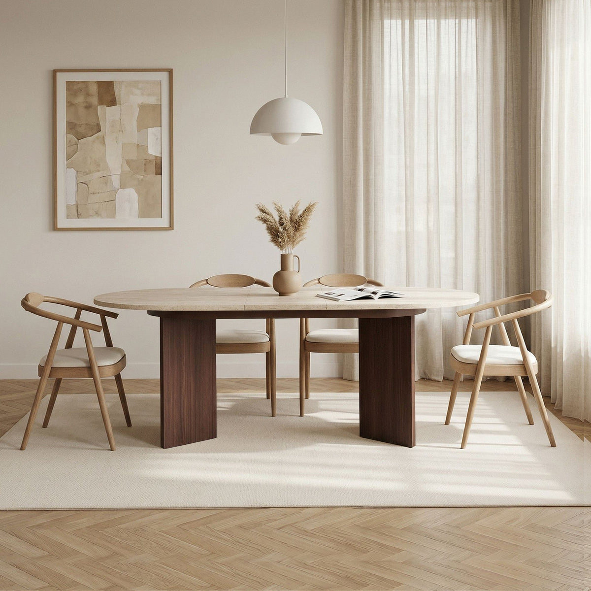BELORA XL Table à manger extensible ovale couleur beige et bois foncé 160-200 cm - Mobilier Deco