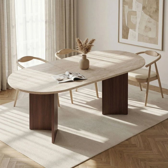BELORA XL Table à manger extensible ovale couleur beige et bois foncé 160-200 cm – vue 2
