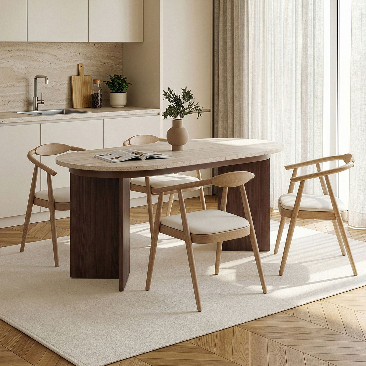 BELORA XL Table à manger extensible ovale couleur beige et bois foncé 160-200 cm - Mobilier Deco