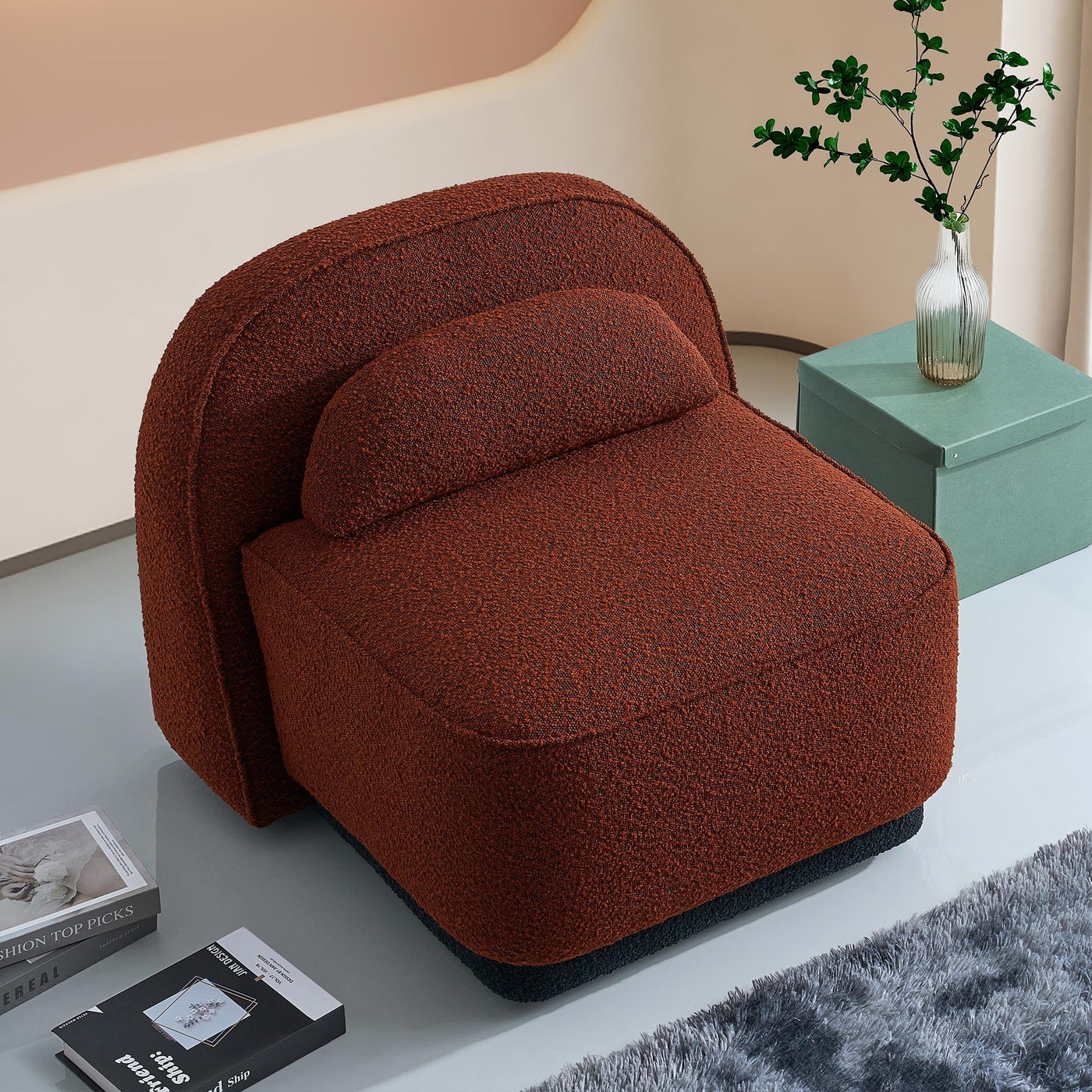 BERY Fauteuil pivotant en tissu bouclette terracotta - Fauteuils - Mobilier Deco