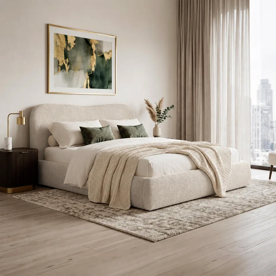 BRISTOL Lit double en tissu bouclette beige avec coffre 160x200 cm — aperçu vidéo