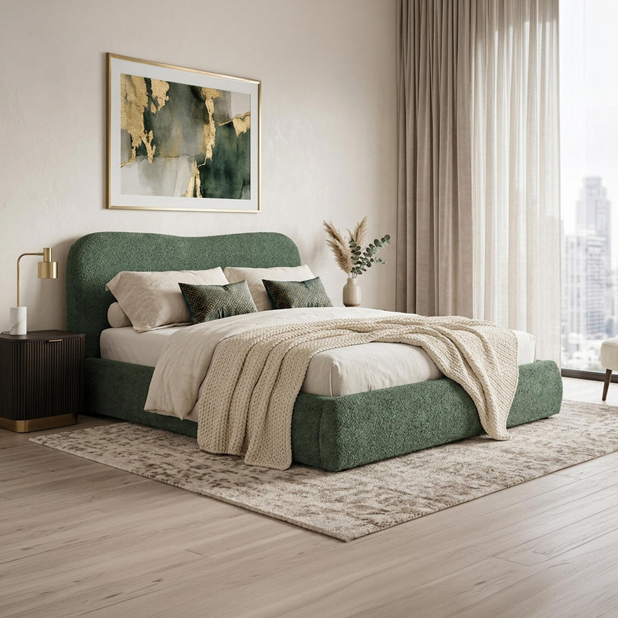 BRISTOL Lit double en tissu bouclette vert avec coffre 160x200 cm — aperçu vidéo