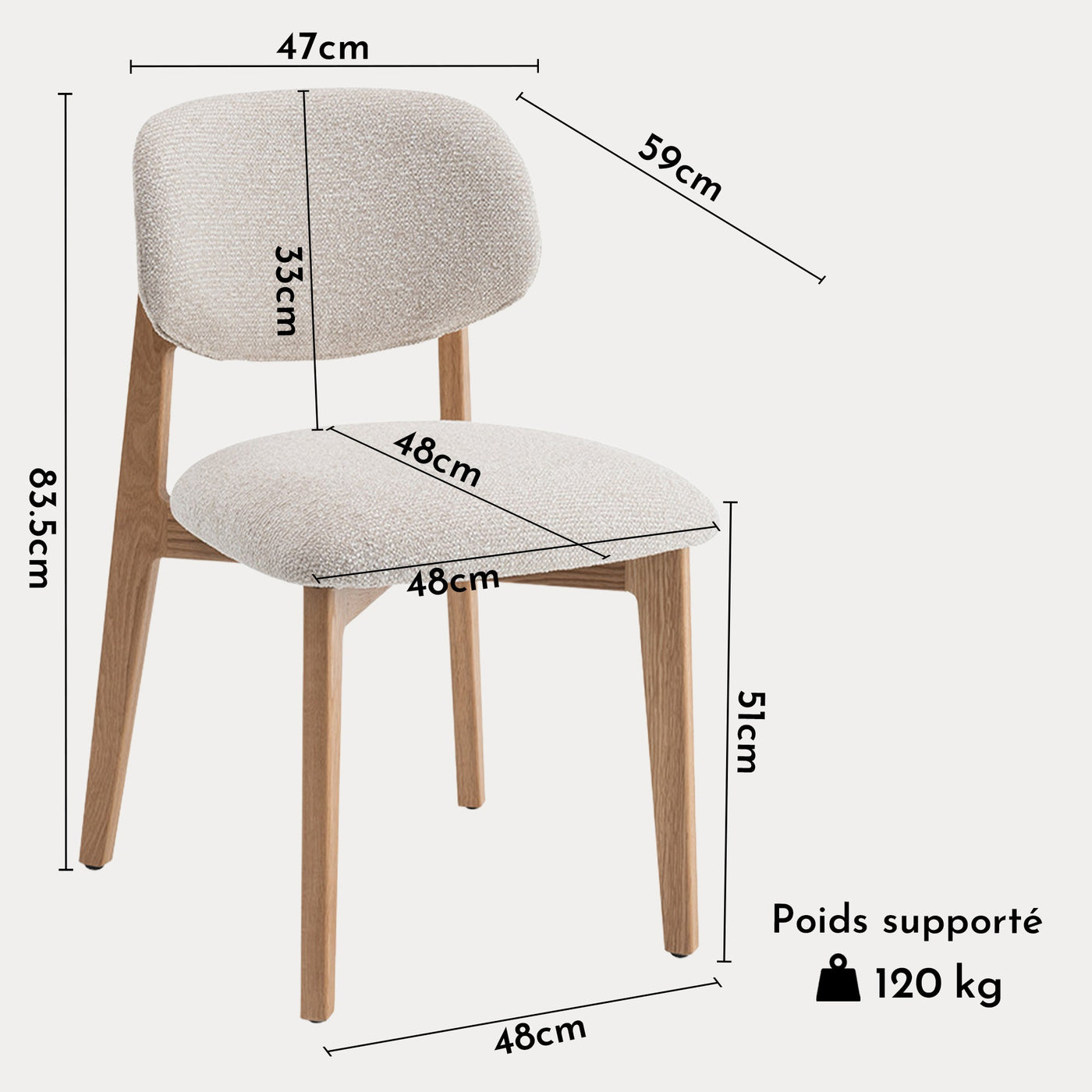 CARMEN Chaise en tissu beige et chêne massif - Chaise de repas - Mobilier Deco