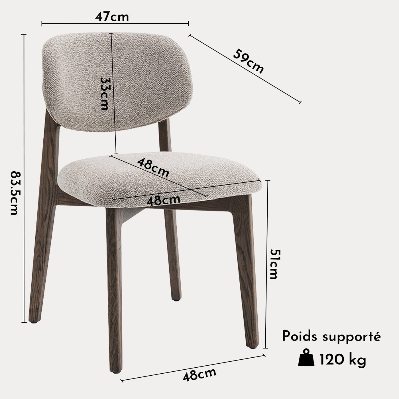 CARMEN Chaise en tissu beige et chêne massif foncé - Chaise de repas - Mobilier Deco