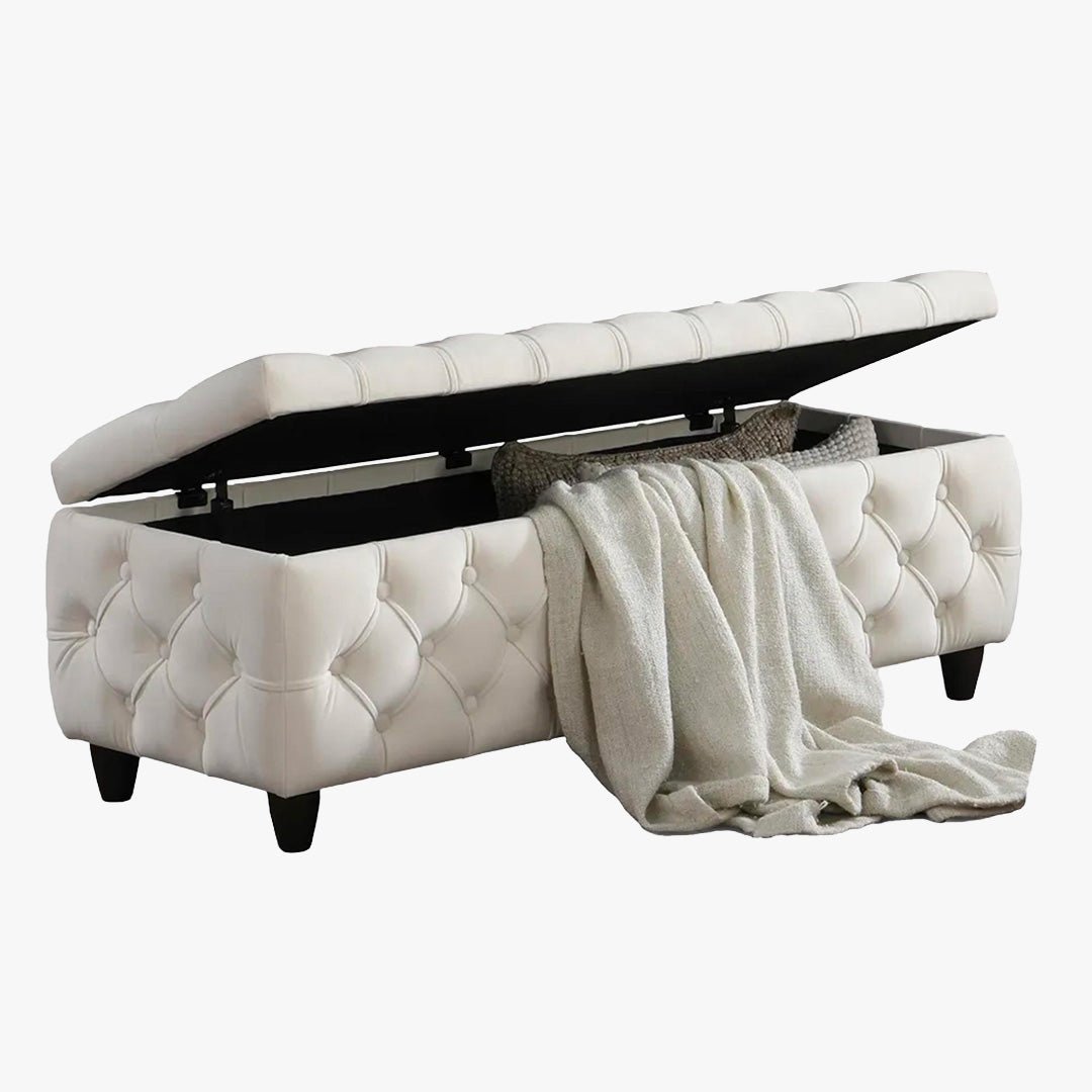 CASTRIA Banquette coffre capitonné en velours écru - Banquettes - Mobilier Deco