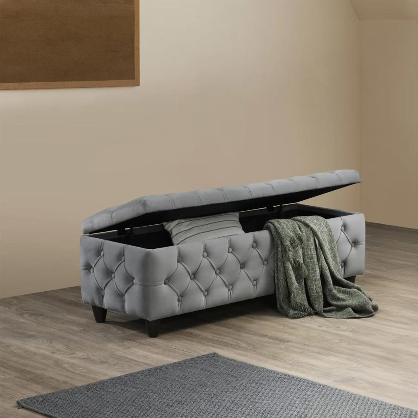 CASTRIA Banquette coffre capitonné en velours gris foncé - Banquettes - Mobilier Deco