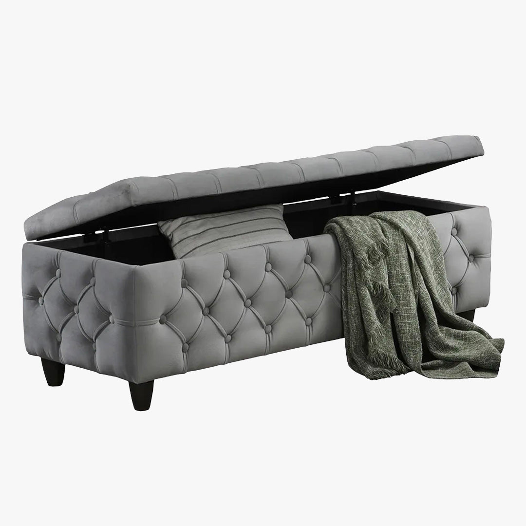 CASTRIA Banquette coffre capitonné en velours gris foncé - Banquettes - Mobilier Deco