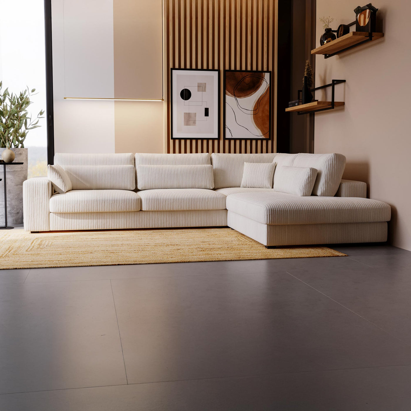 CATHY Canapé d'angle en velours côtelé beige - Angle droit - Canapés d'angle - Mobilier Deco