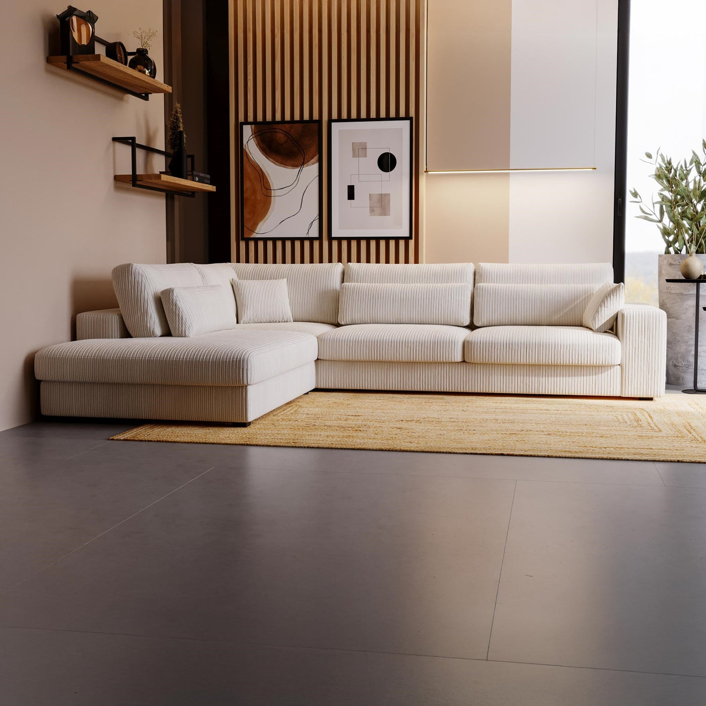 CATHY Canapé d'angle en velours côtelé beige - Angle gauche - Canapés d'angle - Mobilier Deco