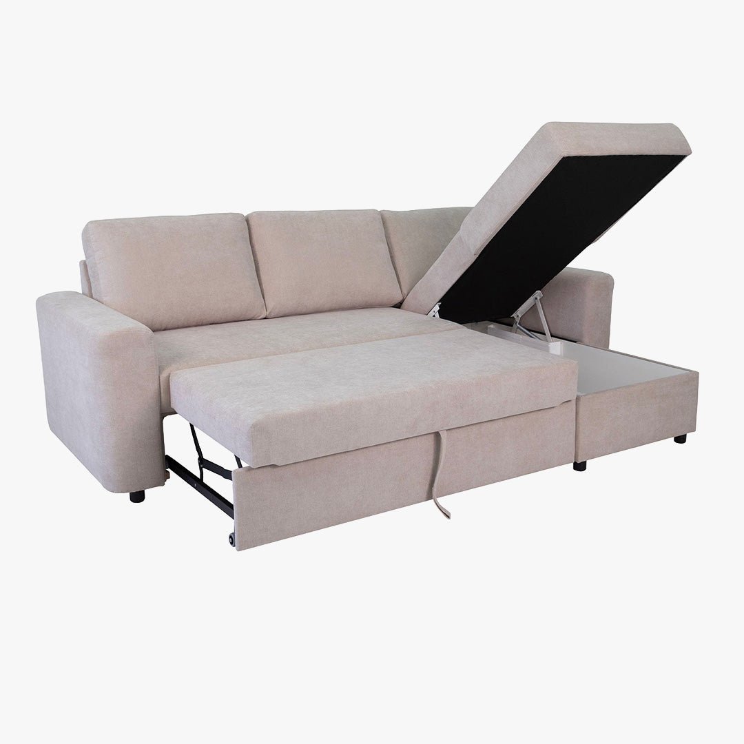CELIA Canapé d'angle convertible et réversible avec coffre en tissu beige - Canapé d'angle convertible - Mobilier Deco