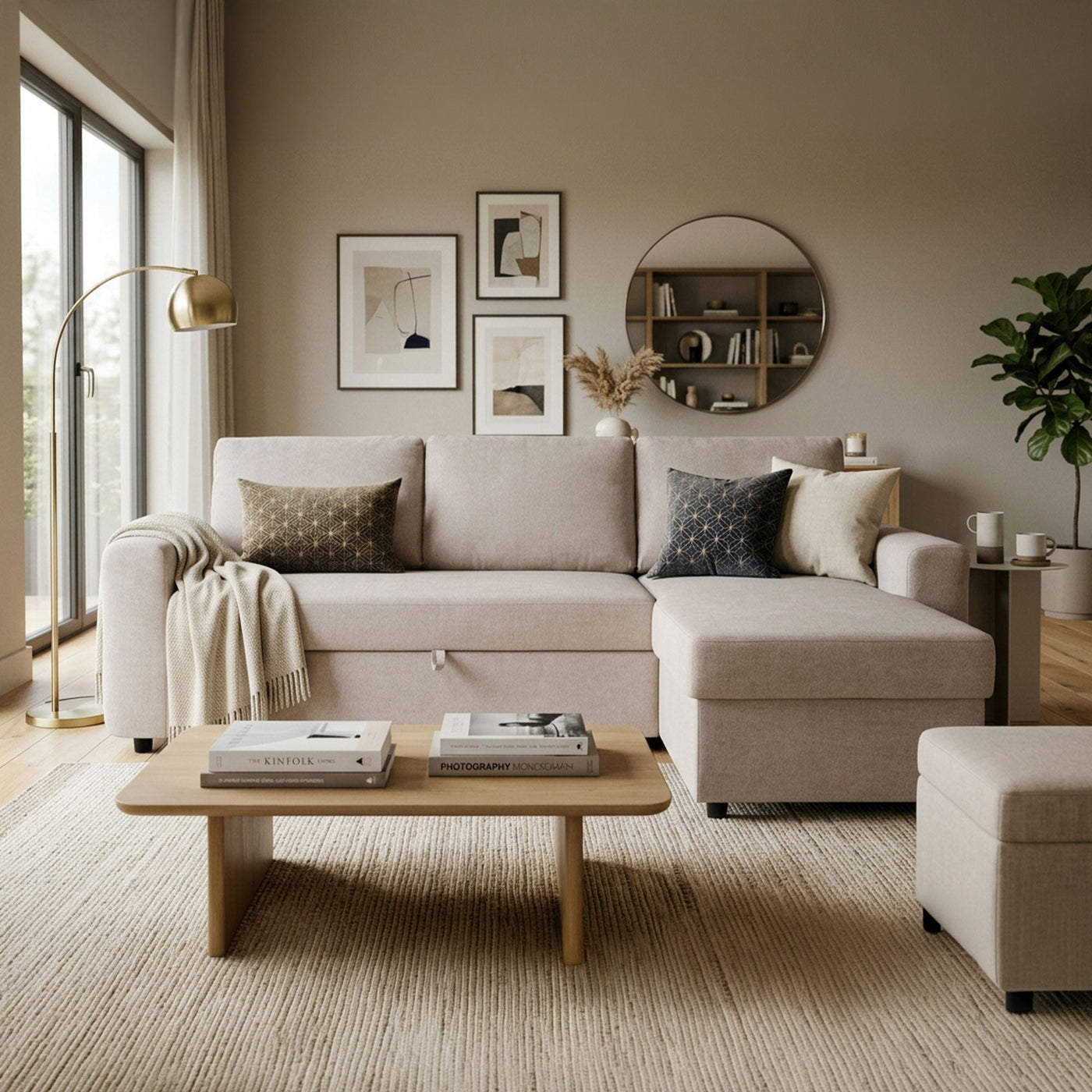 CELIA Canapé d'angle convertible et réversible avec coffre en tissu beige - Canapé d'angle convertible - Mobilier Deco