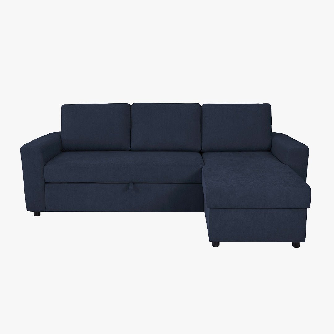 CELIA Canapé d'angle convertible et réversible avec coffre en tissu bleu - Canapé d'angle convertible - Mobilier Deco