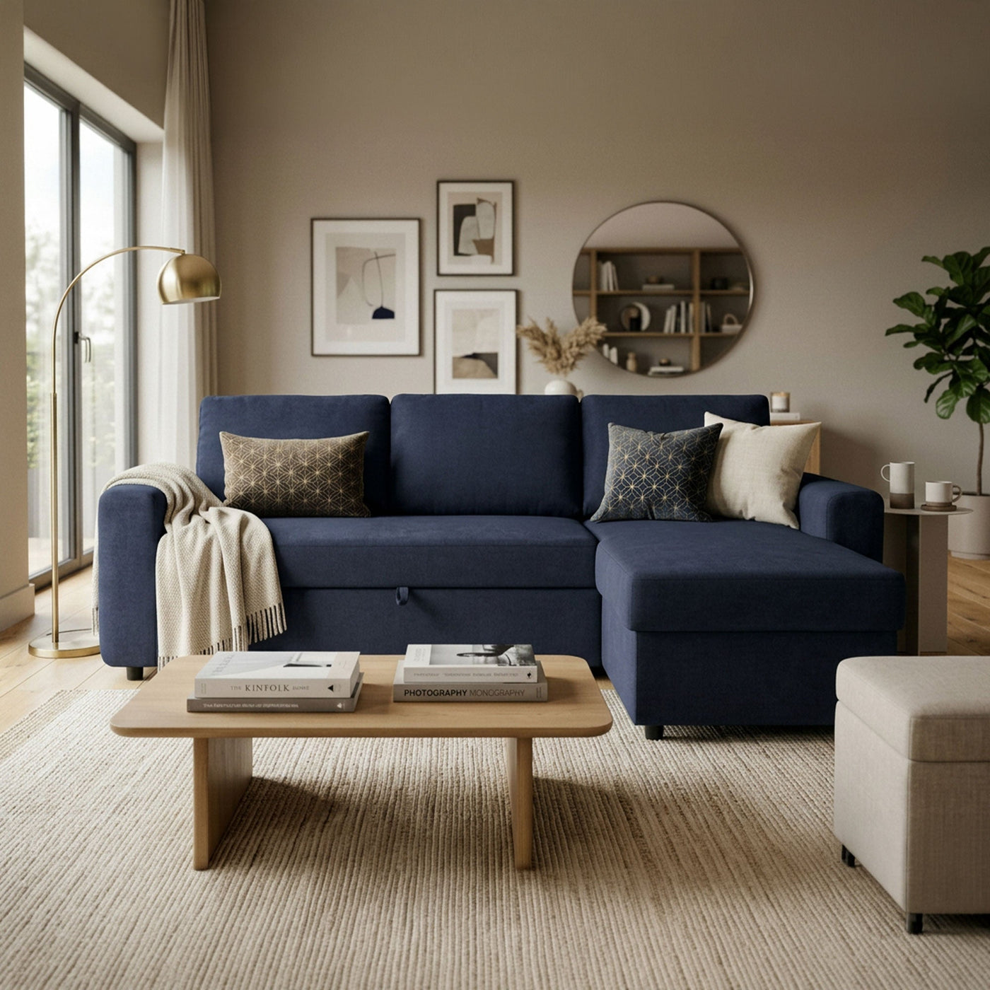 CELIA Canapé d'angle convertible et réversible avec coffre en tissu bleu - Canapé d'angle convertible - Mobilier Deco