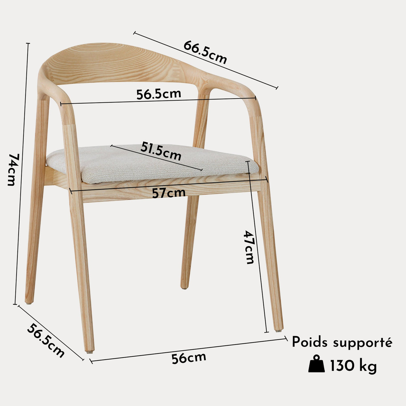 CLAIRE Chaise en tissu beige piètement en bois clair - Chaise de repas - Mobilier Deco