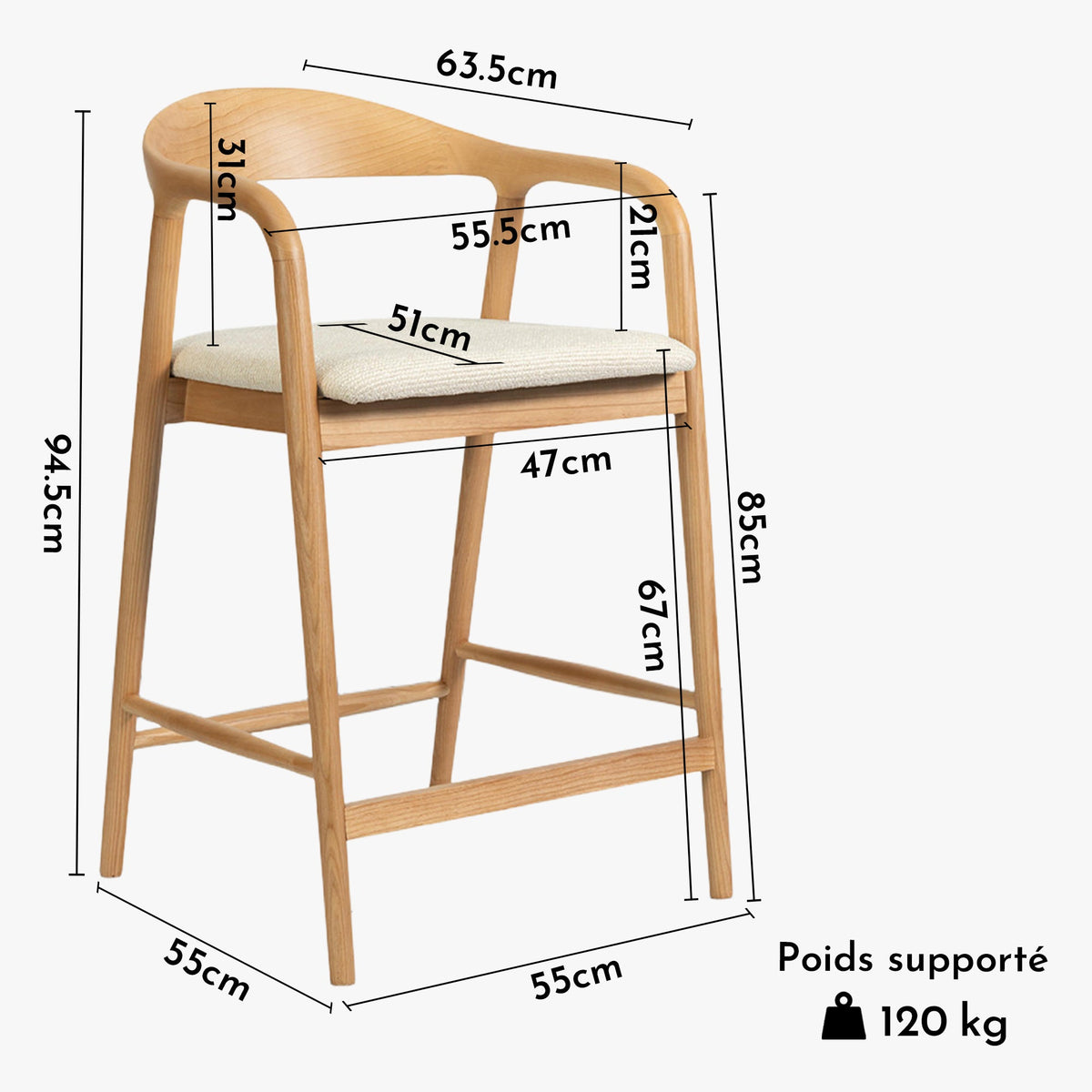 CLAIRE Tabouret en tissu beige piètement en bois massif clair - Mobilier Deco