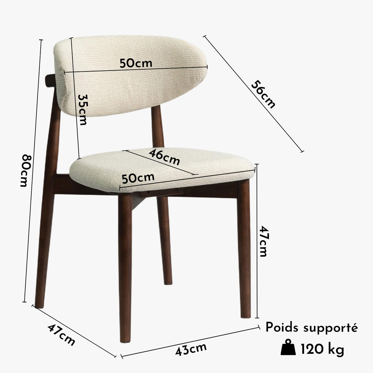 CLARA Lot de 2 chaises en tissu bouclette beige pieds en chêne massif foncé - Mobilier Deco