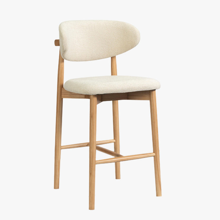 CLARA Tabouret en tissu bouclette beige pieds en chêne massif clair