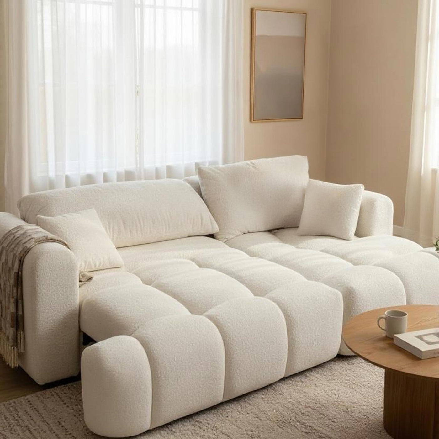 CLOUD Canapé d'angle convertible en tissu bouclette beige - Angle droit - Canapé d'angle convertible - Mobilier Deco