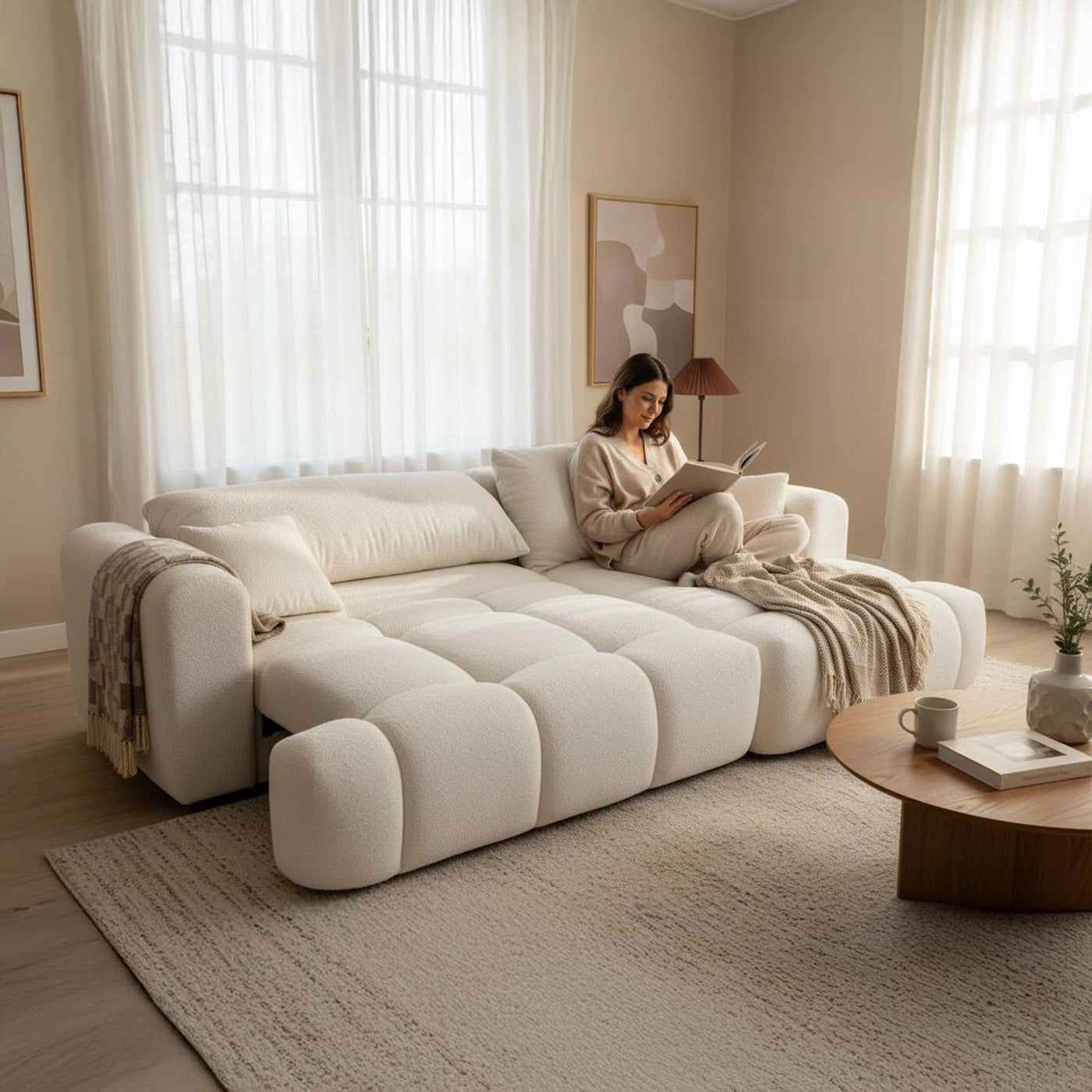 CLOUD Canapé d'angle convertible en tissu bouclette beige - Angle droit - Canapé d'angle convertible - Mobilier Deco