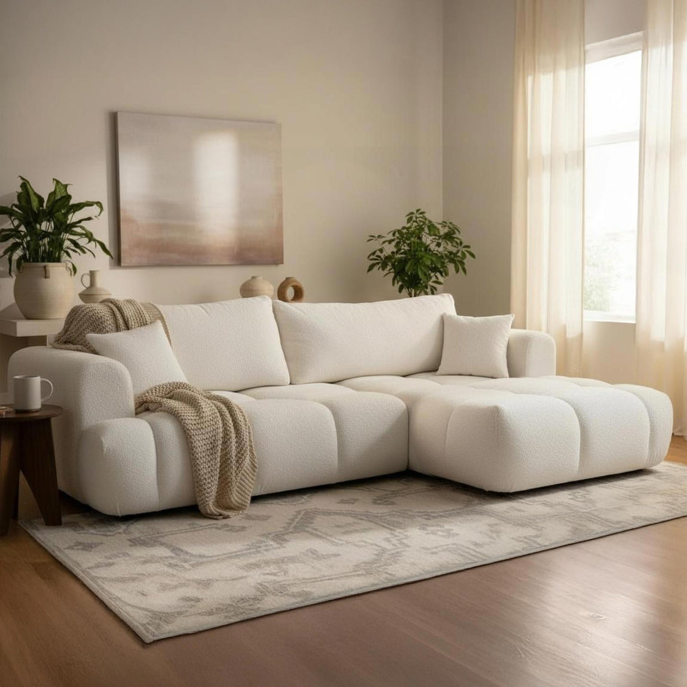 CLOUD Canapé d'angle convertible en tissu bouclette beige - Angle droit - Canapé d'angle convertible - Mobilier Deco