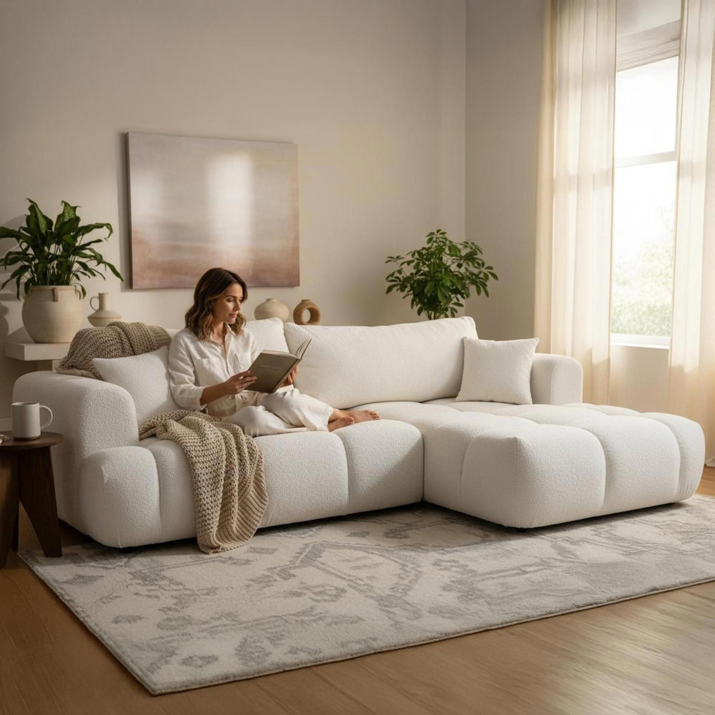CLOUD Canapé d'angle convertible en tissu bouclette beige - Angle droit - Canapé d'angle convertible - Mobilier Deco