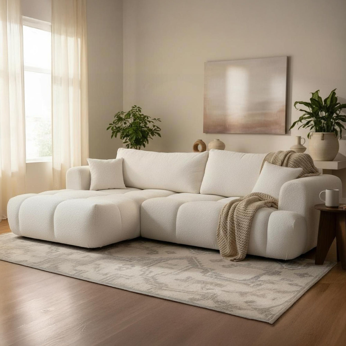 CLOUD Canapé d'angle convertible en tissu bouclette beige - Angle gauche - Canapé d'angle convertible - Mobilier Deco
