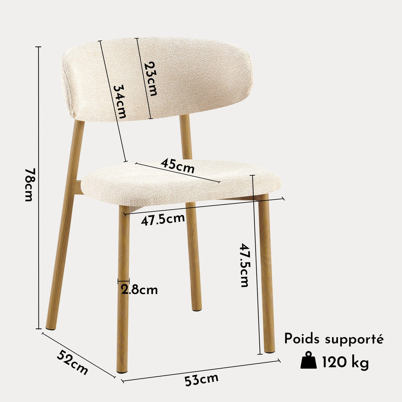 COCO Lot de 2 chaises en tissu beige piètement en métal couleur bois - Chaise de repas - Mobilier Deco