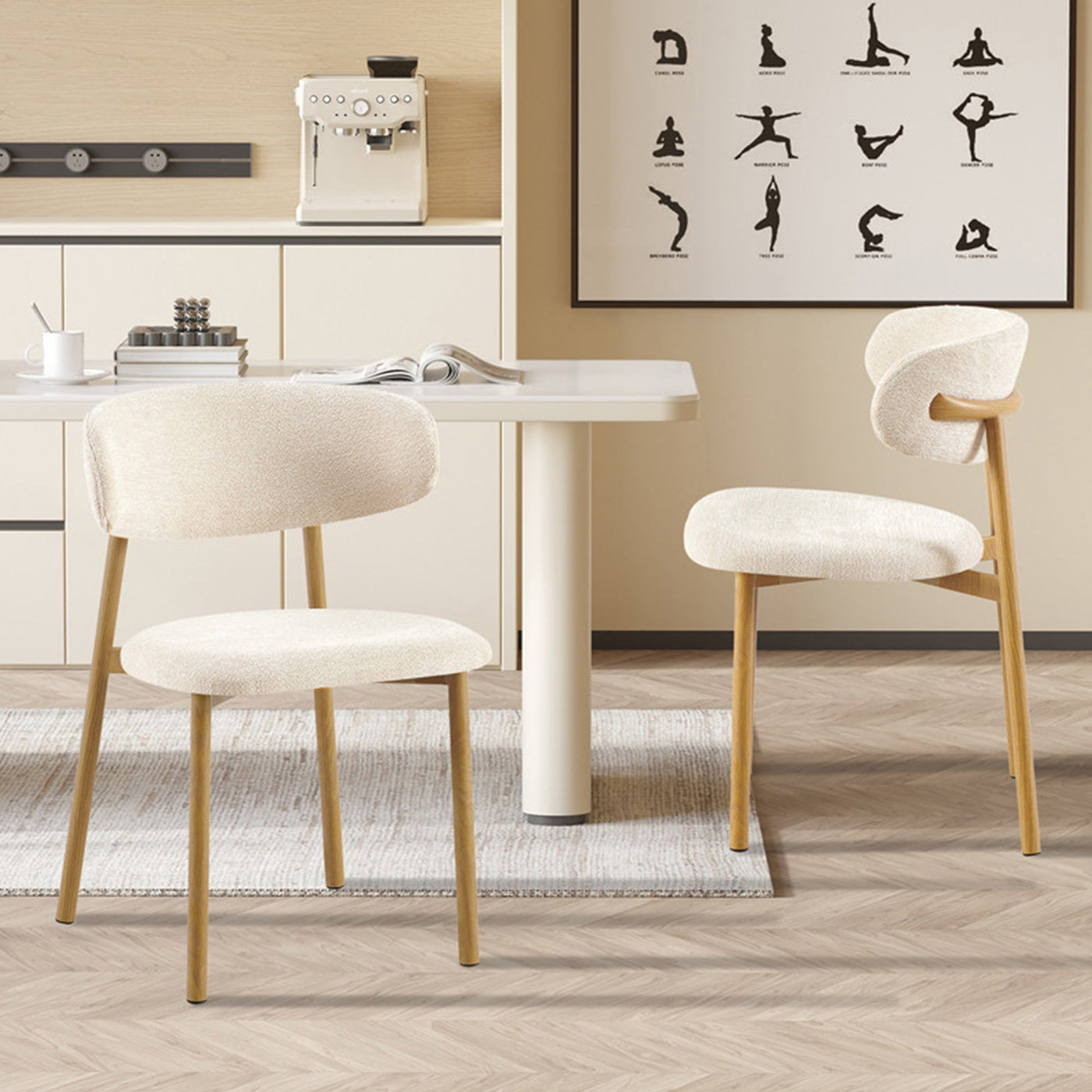 COCO Lot de 2 chaises en tissu beige piètement en métal couleur bois - Chaise de repas - Mobilier Deco