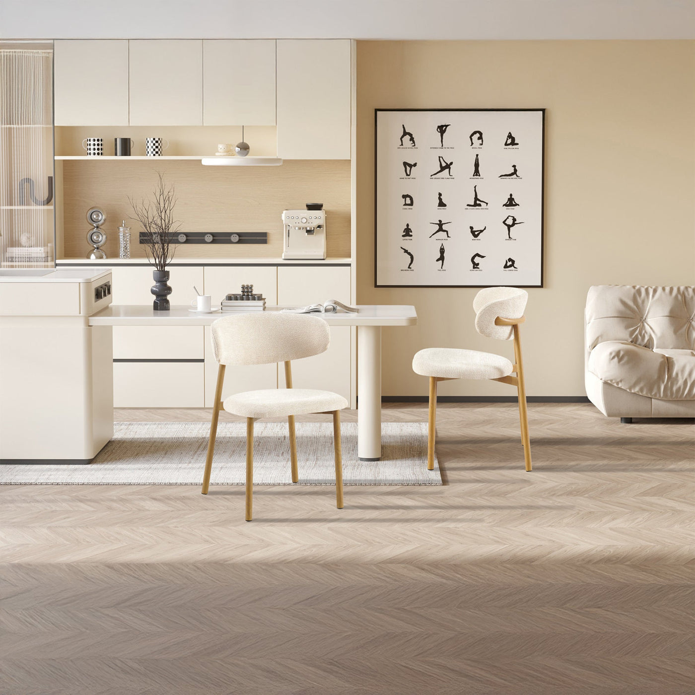 COCO Lot de 2 chaises en tissu beige piètement en métal couleur bois - Chaise de repas - Mobilier Deco