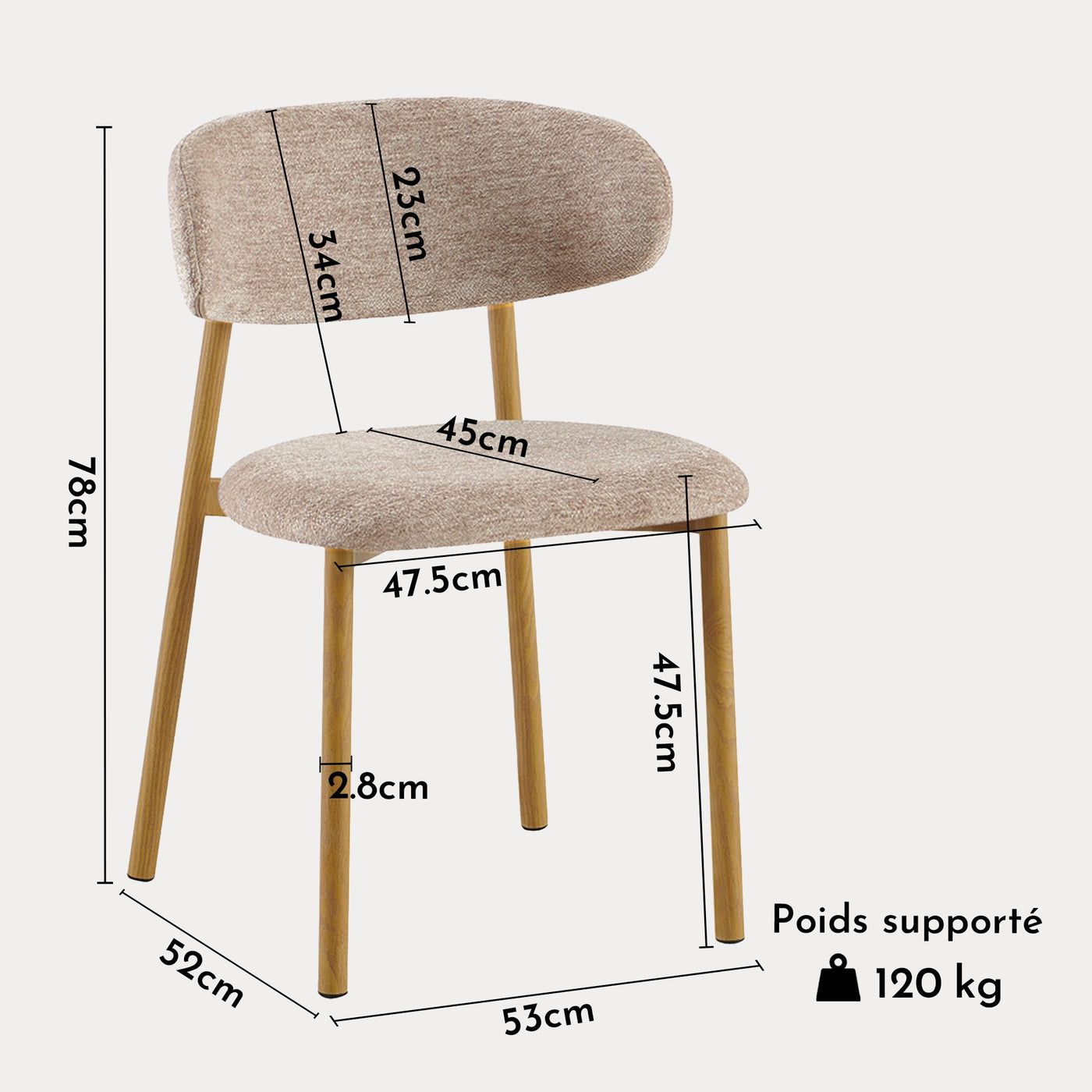 COCO Lot de 2 chaises en tissu taupe piètement en métal couleur bois - Chaise de repas - Mobilier Deco