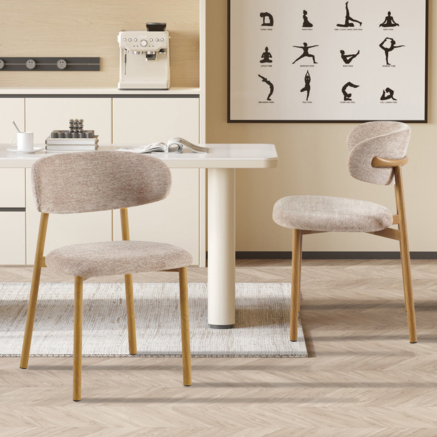 COCO Lot de 2 chaises en tissu taupe piètement en métal couleur bois - Chaise de repas - Mobilier Deco