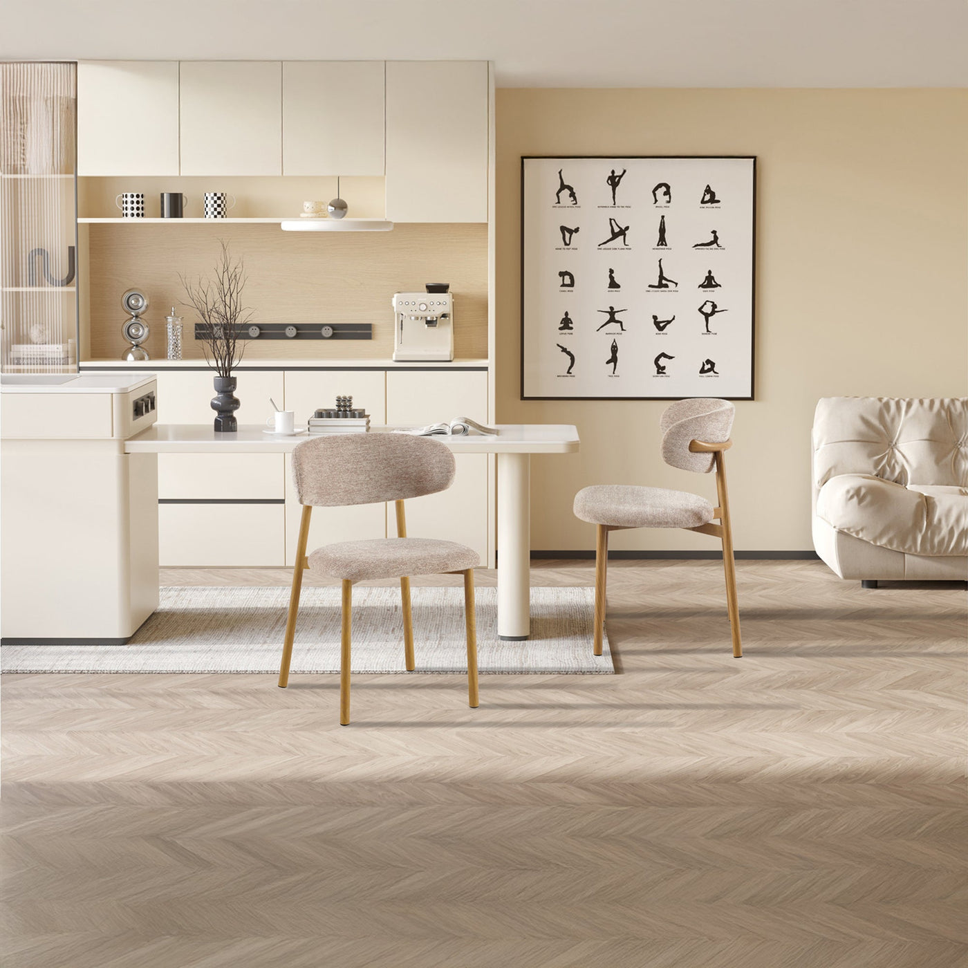 COCO Lot de 2 chaises en tissu taupe piètement en métal couleur bois - Chaise de repas - Mobilier Deco