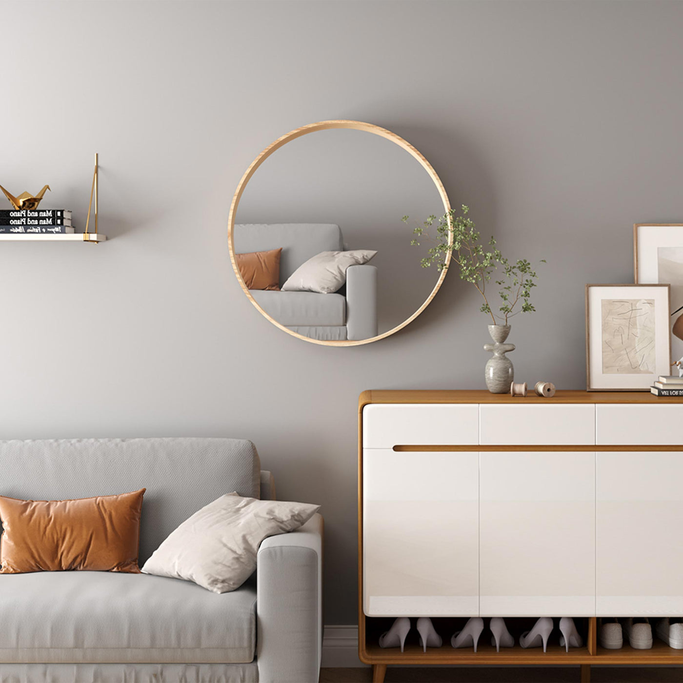 COLYN Miroir mural rond 80x80 cm couleur chêne vieilli - Miroirs - Mobilier Deco